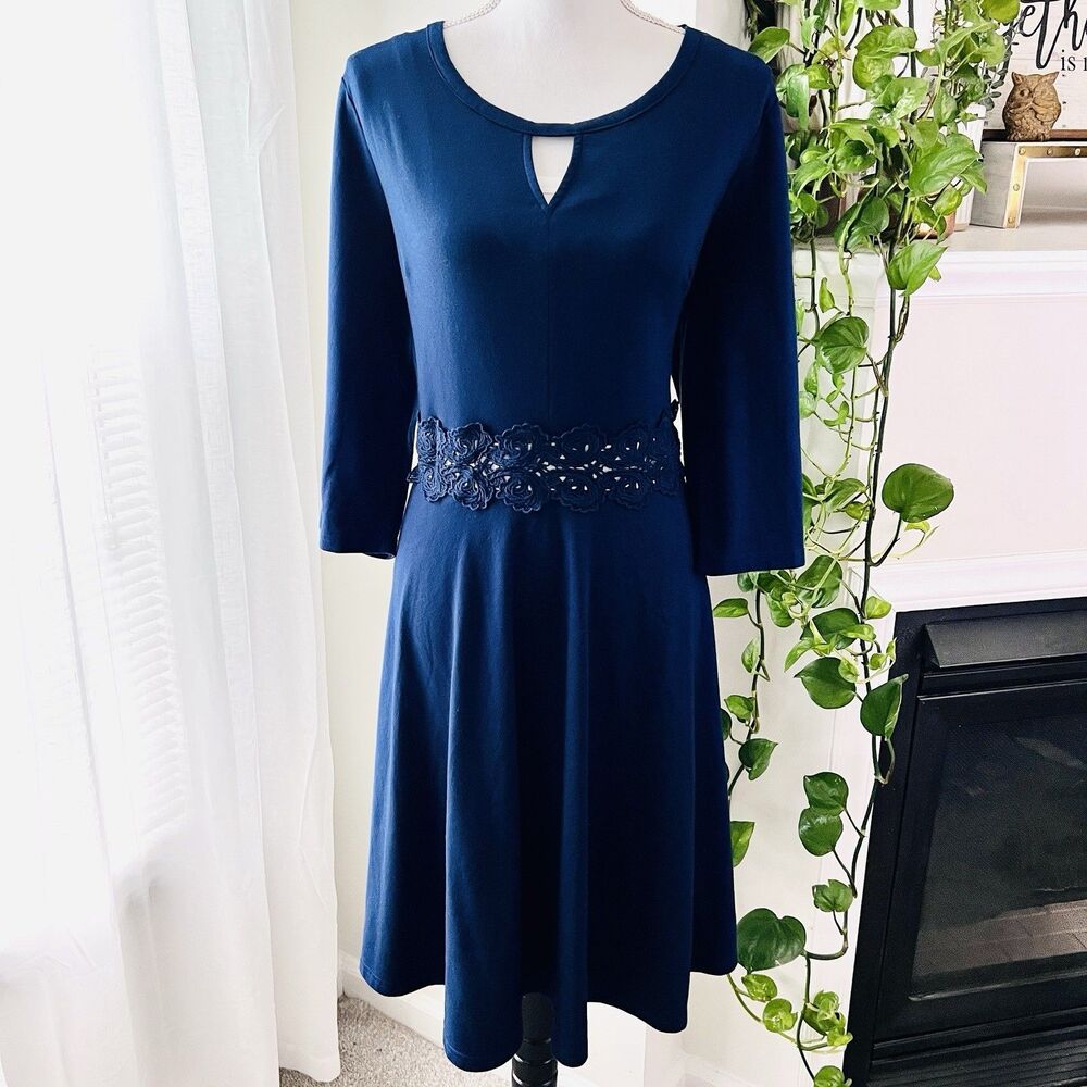 Elegant Navy Midi Dress with Embellished Waist